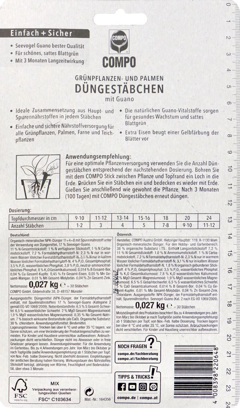 Compo Grünpflanzen- Und Palmen Düngestäbchen Mit Guano - 30 Stück 4 Compo Grünpflanzen- Und Palmen Düngestäbchen Mit Guano - 30 Stück – Bild 2