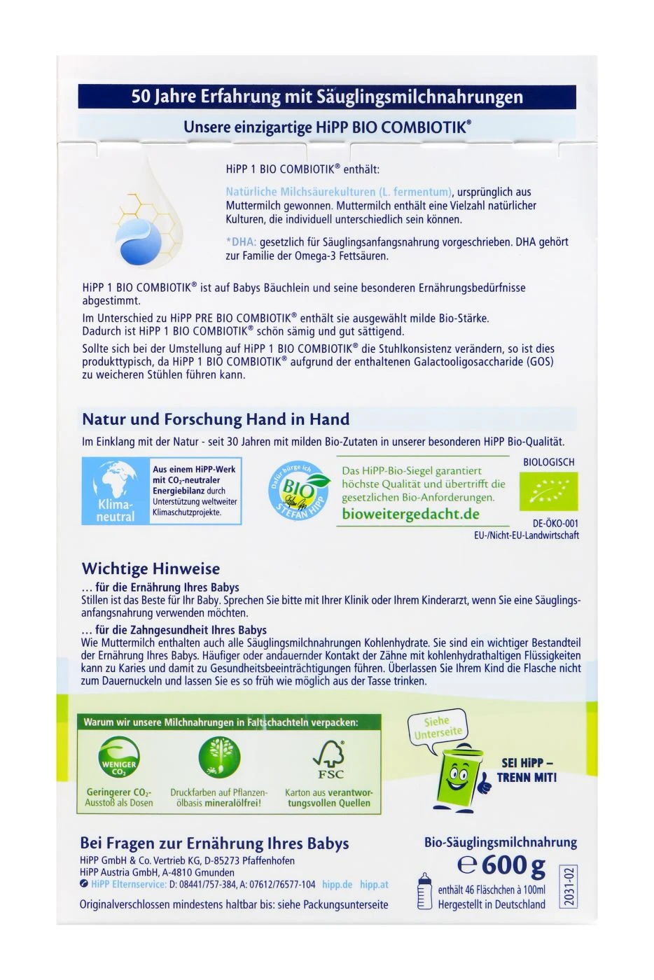 Hipp 2031 Bio Anfangsmilch 1 Combiotik - 600 G 5 Hipp 2031 Bio Anfangsmilch 1 Combiotik - 600 G – Bild 3